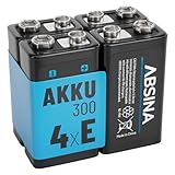 ABSINA 4X 9V Akku Block wiederaufladbar 300 mit geringer Selbstentladung - 9V Blockbatterie Akku NiMH mit min. 270mAh & 8,4V - E Block 9V Batterie, Akku 9V Block wiederaufladbar, 9V Batterie Akku