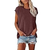 Grünes Damen-T-Shirt, lässig, einfarbig, lockerer Rundhalsausschnitt, Kleidung, Pullover mit Tasche, rot, S