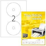 TopStick 8656 CD DVD Etiketten, 100 Blatt, Ø 117 mm Maxi, 2 pro A4 Bogen, 200 Stück, selbstklebend, bedruckbar, matt, blanko Papier Klebeetiketten Aufkleber, weiß