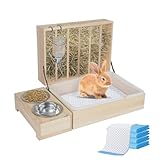 Kaninchen-Heu-Futterspender, Hasen-Heuraufe mit Kunststoff-Katzentoilette,Toilette,Schüsseln und Wasserflasche,Heuraufe Kaninchen Holz für Meerschweinchen, Hamster, Kleintiere (4 in 1)