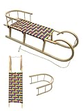 Hörnerrodel [Holzschlitten Hörnerschlitten] mit Rückenlehne Zugseil Leichtlauf-Stahlkufenbeschläge 120cm Buchenholz Rodel mit Gurtsitz Kunstfasern mit Lehne 2 Personen bunt + GRATIS