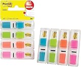 Post-it Index Mini, 11,9 x 43,2 mm, 3 x 35 Haftstreifen im Spender, Farbe: Limonengrün, Orange, Pink, Türkis - Zum Hervorheben wichtiger Informationen