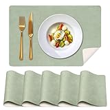 Meision Platzsets Abwaschbar 6er Set, Tischsets Abwaschbar und Untersetzer Mit Zweifarbig, rutschfest, Hitzebeständig, Tischsets Platzdeckchen für Restaurant, Küche, Hotel (Grün/Beige)