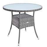 Casaria® Gartentisch Polyrattan Wetterfest Rund Klein 80cm Grau Glas Tischplatte 80kg Belastbar Outdoor Terrasse Balkon Bistro Tisch Beistelltisch