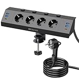 Tischsteckdose 4 Fach mit 2 USB C, Ecksteckdosenleiste mit 6 USB, Schreibtisch Steckdose, Küchensteckdose, Steckdosenleiste Wandmontage, Mehrfachsteckdose mit Schalter - 2M Black 002