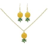 Stimmungskette Tropisches Set mit 2 gelbgrünen Blättern, Ananas-Ohrringen, Anhänger, Halsketten-Set, Ohrringe, Schmuck Solar Anhänger (E-Yellow, One Size)