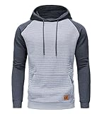 Huayuzh Hoodie Herren Kapuzenpullover Casual Patchwork Langarm Karierten Kordelzug Jacquard Sweatshirt mit Kapuze Taschen Hellgrau Grau M