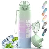 SPWB Trinkflasche,1L Sportflasche Auslaufsicher, BPA-frei Tritan Wasserflasche mit Filter und Zeitmarkierung, Kohlensäure Geeignet für Fahrrad, Fitness, Wandern, Camping und Schule