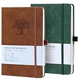 HOMEMARS Notizbuch, Notebook, Notizbuch a5, Journal buch, Reisetagebuch, Liniert a5, Notizblock, Notizbücher a5, 100gsm, 200Pages, 2 Stück, Reisetagebuch, Leder, Prägebaum Design,Braun Grün