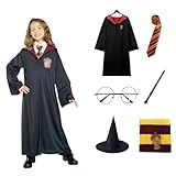 LAKCFSN] Harry Slytherin Cosplay Kostüme Robe Brille Krawatte Schal Hut Zauberstab 6-teiliges Set Rollenspiel Kinder Party Festival Geeignet für Jungen und Mädchen (Rot, 135)