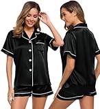 Generisch Satin Pyjama Damen Kurzarm Set Schlafanzug Sommer Mit Knopfleiste Und Taschen Seide Zweiteilige Nachtwäsche Lässig Seidenpyjamas Für Frauen Elegant Loungewear