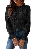 CUPSHE Damen Blusen Rundhals Blumenspitze Langarmshirt Oberteile Elegant Tunika Top Shirts Schwarz S