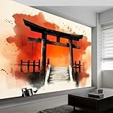 Japanische Kunst 3D Vliesstoff Wandbild, Japanischer Stil Aquarellmalerei Torii Tor Tapete für Wohnzimmer, Schlafzimmer, Kinderzimmer, Große Panorama Fototapete Wandaufkleber Wanddekoration 400x280cm