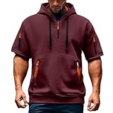 Herren Kurzarm Kapuzenpullover Freizeit Oversized T-Shirts Reißverschluss Taschen Hoodie mit Kordelzug Kapuze Pullover Komfortabel Loose Sommerjacke Atmungsaktives Sommerhemd(#B Wine,XL)