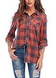 Timuspo Damen Kariertes Bluse Casual Karohemd Button-down Langarmshirt Boyfriend-Stil Baumwolle Hemdbluse Plaid Shirt für Frühling und Herbst/S