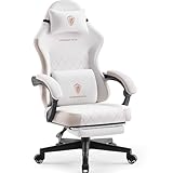 Dowinx Gaming Stuhl Stoff mit Frühling Kissen, Massage Lendenwirbelstütze Bürostuhl mit Fußstütze für Erwachsene, Ergonomischer Gaming Sessel Groß und Hoch für Office Gaming 135KG, Beige