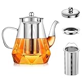 Teekanne mit Siebeinsatz 1000 ml, Hitzebeständige Teekanne Glas mit Edelstahl Teesieb, Tropffrei & Spülmaschinenfest, Glasteekanne für Losen Tee, Teeblumen und Kräutertee
