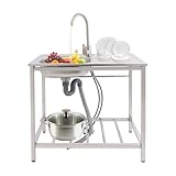 WSIKGHU Außenspüle Mobile Spüle Freistehende Küchenspüle für den Außenbereich, 75 × 40 × 75 cm, Freistehende Spüle 201 Edelstahl Einzelbecken Becken mit Wasserhahn | EU Stock