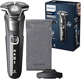 PHILIPS Shaver Series 5000 – Elektrischer Nass- & Trockenrasierer in Carbongrau mit 1 integrierten ausklappbaren Trimmer, weicher Tasche, Schutzkappe & Ladestation (Modell S5887/13)