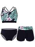 iEFiEL 3er Set Mädchen Bikini mit Blumendruck Badeanzug Rückenfrei Top und Bikinihose Kurz Shorts Hawaii Bademode Badebekleidung gr. 98-176 Schwarz 158-164