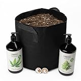 Green Home Pflanzsack 18L befüllt mit Cannabis Erde + 2 Quelltöpfen + Cannabis Dünger Set – Cannabis Anbau Set für Hanf, Tomaten und Kräuter | Wiederverwendbar. Für Wachstum & Blüte optimiert