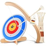 BOWRILLA® Pfeil und Bogen Kinder Holzspielzeug Set mit 6 Saugnapf-Pfeilen, Zielscheibe aus Holz und Köcher | Bogenschießen Kinder Spielzeug für Indoor- und Outdoor Spiele ab 3 Jahren