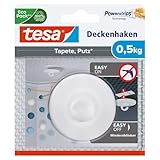 tesa Deckenhaken Tapeten und Putz - Selbstklebender Haken - Ideal Zur Befestigung Von Deko-Objekten - Spurlos Ablösbar, Weiß, 1 x 0,5 Kg