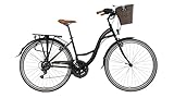 LUCHS 28 Zoll Damenfahrrad mit Rattankorb – Citybike im Hollandrad-Stil, 21 Gänge, 50 cm Rahmenhöhe, Retro-Design Schwarz/Braun – Komfortables Damenrad für Alltag & Freizeit