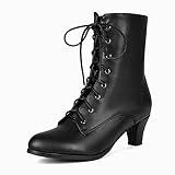 COOLCEPT Damen Vintage Viktorianisch Stiefel Schnüren Ankle Stiefel Almond Toe Mid Heel Steampunk Stiefeletten Reißverschluss Black Große 39