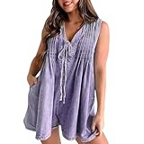 Denim-Jumpsuit für Damen, Shorts, Tank-Jumpsuits, plissiert, mit Schnürung vorne, tiefer V-Ausschnitt, Spielanzüge mit Taschen, einfarbig, leicht, bequem, Damen-Latzhose, lockerer Jumpsuit, violett