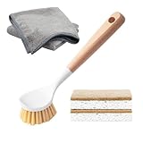 Xemnys Spülbürsten-Set, Spülbürste mit Naturholzgriff, umweltfreundlich, kompostierbar, Küchenschwamm, Mikrofaser-Reinigungstuch, Scheuerbürste für Geschirr, Küche, Spüle, Töpfe, Pfannen