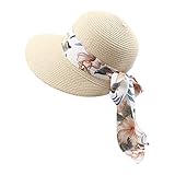 Stroh-Sonnenhut für Damen, Faltbarer Floppy-Strohhut, breite Krempe, Sommer-Strandhut mit Schleife, Sonnenhüte für Damen, Outdoor, Reisen, Urlaub, UPF 50+ Leicht Sommerhut