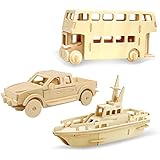 Georgie Porgy Hölzerne 3D Puzzle Sammlung Puzzle Modell Kit Baukasten Holzhandwerk Kinder Puzzle Pädagogisches Spielzeug DIY Geschenk Packung 3(Doppeldecker-Bus Pick-up Yacht)