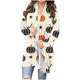 NACQZLI Cardigan Damen Lang Halloween Strickjacke Kürbis Muster Übergangsjacke Open Front Mantel Langarm Windbreaker Festliche Tage Coat Dünne Trenchcoat Modisches Wintermantel Lässige Hausmantel