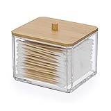 OGANAZI Wattestäbchen Box Acryl Wattepads Behälter Transparent Aufbewahrungsbox mit Bambusdeckel Klein Schminktisch Organizer für Tupfer, Tampon, Beauty-Ei, Schmuck, Kosmetik, Haarbänder (Quadrat)