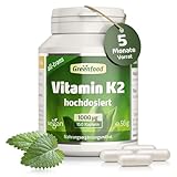 Vitamin K2 (MK7), hochdosiert, 1000 µg - 150 Kapseln, vegan. Vitamin K – für starke Knochen und eine normale Blutgerinnung. OHNE künstliche Zusätze - laborgeprüft. Von Greenfood.