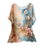 Ekiregaii Sommer-Tops für Damen, Leinenhemd, kurzärmelig, Rundhalsausschnitt, Blumendruck, Bluse, Übergröße, eleganter Pullover, weiches Unterhemd, Damen, Basic-T-Shirt, Strand, Holdiay,