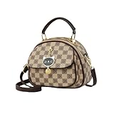 NICOLE & DORIS Handtaschen Damen Klein Umhängetasche Bowling Tasche PU Leder Schultertasche mit Mehreren Taschen Karierte Henkeltasche Kuriertaschen mit Katzen Anhänger Khaki