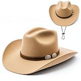 Dlishka Cowboyhut für Damen & Herren aus Filz,Westernhut mit Gürtelschnalle,Besticktem Design & Breiter Krempe,Leichter Texanischer Hut für Karneval,Festivals,Partys & Sonnenschutz. (Beige)