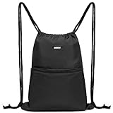 WANDF Rucksack mit Kordelzug Turnbeutel Sportbeutel Gym Bag Mit Aussentasche Verstellbar Tunnelzug Gymsack für Damen Herren Kinder mit Innentasche 11 Liter für Sport und Reisen (A - Schwarz)