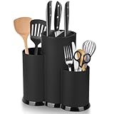 KOMABLEN 3 in 1 Messerblock Ohne Messer Schwarz, Universal Runder Messerhalter mit Schlitzen und Multifunktional Aufbewahrung Ständer, Plastik Knife Holder Besteckhalter für alle Küchenmesser geeignet
