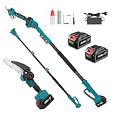 ONEVAN Akku Hochentaster und Astschere mit Teleskopstiel, 4-in-1, Bürstenlos 6 Zoll Akku Kettensäge + 15mm Akku Baumschere + 260mm Teleskopstange, 180° Einstellbarer Winkel, mit 2 4.0Ah Akkus