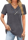 iudam Damen T-Shirt Kurzarm V Ausschnitt Oberteil Locker Basic Shirt Tops Sommer Knopf Casual Bluse,Dunkelgrau,XL