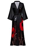 EORUBE Damen Morgenmantel Lange Satin Kimono Robe Blumen Seidiger Bademantel Brautjungfer Morgenmantel (Schwarz - Rote Blumen)