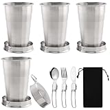 BAIFULAI 4 Stück Edelstahl Faltbecher, 75ml Becher Faltbar Edelstahl mit Klapplöffel, Camping Klappbeche Outdoor Teleskop Klappbecher, Geschirr Tragbar Klappbecher für Reise Picknick Wandern