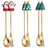 FIXOSHEE Edelstahl Weihnachtsbesteck Satz mit 6 Teelöffeln und Kuchengabeln Langlebig Rostfrei mit Santa Claus Griff für Kaffee und Dessert zu Weihnachten