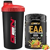 EAA Pulver + Shaker - Human Code Formel - Alle 8 essentielle Aminosäuren - Amino Workout Drink - Leckerer Geschmack & Top Löslichkeit - Vegan - (532g, Multivitamin)