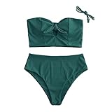 ZAFUL Ribbed Keyhole Tied High Waisted Tankini Swimsuit - Deep Green S