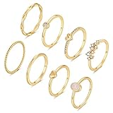 FUNEIA 8 Stück 14 Karat Vergoldet Ringe Set Gold Damen Stapelringe Fingerring Gold Sliver für Frauen Herz CZ Dünn Verlobungsring Eheringe Goldene Ringe Set Wasserfest Schmuck (Gold Set, 62（19.8）)