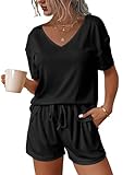 Ekouaer Damen Schlafanzug Kurzarm Sommer Hausanzug Casual Shorts Hose Pyjama Set Damen Schwarz L